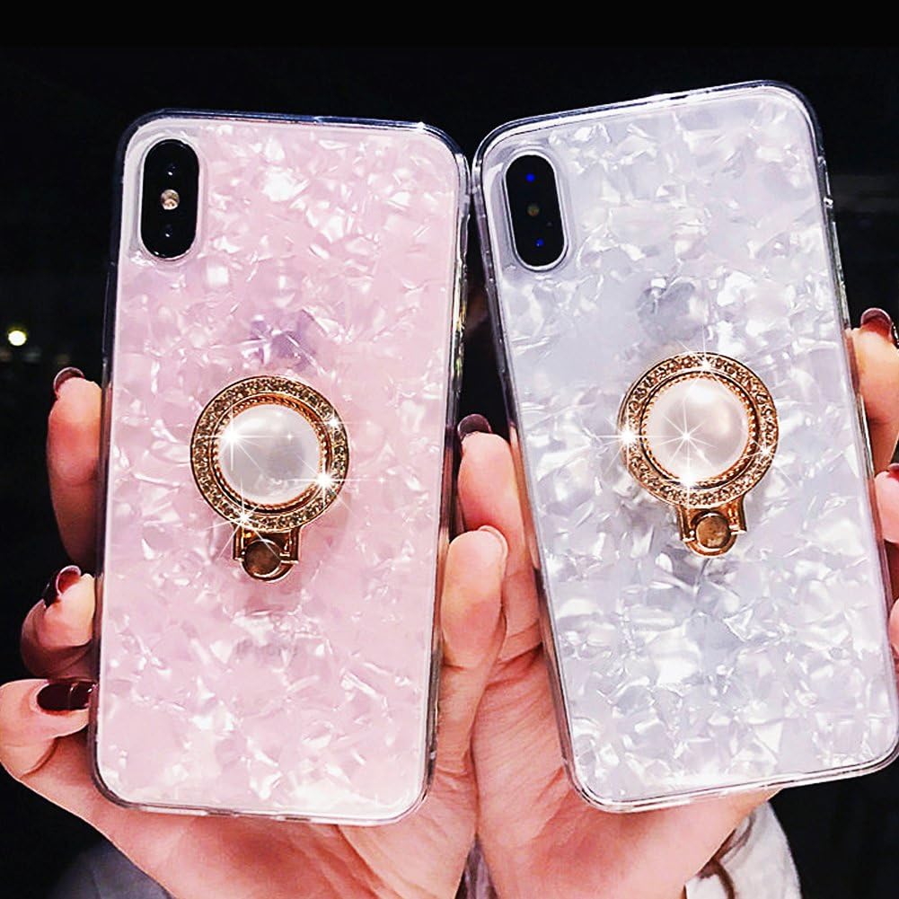 Design for iPhone Xs Case,iPhone X Case, Seashell Pattern Soft TPU Shock-Absorption Crystal Bumper Case with Glitter Diamond 360 Degree Rotation Ring Grip Holder Kickstand for Apple iPhone Xs/X(White)