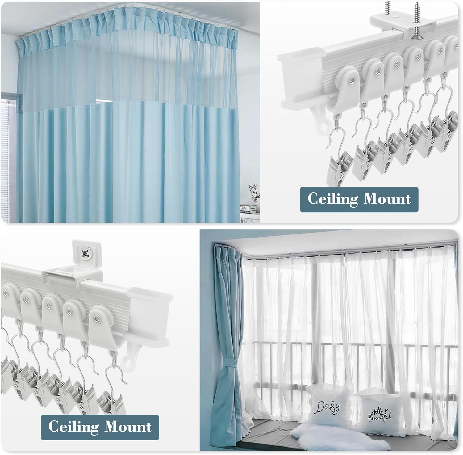 KOLAKO Flexible Bendable Curtain Track Ceiling Wall Mount 12Ft Sliding Ceiling Curtain Track System for RV Bay Shower Curtain Rods, White