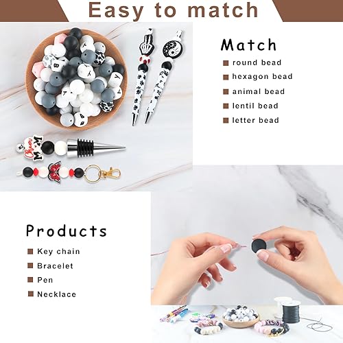 Miniatura 6 de Sunrony 70 cuentas de silicona para hacer collares, cuentas redondas de silicona a granel de 0.591 in para bolígrafos (negro)