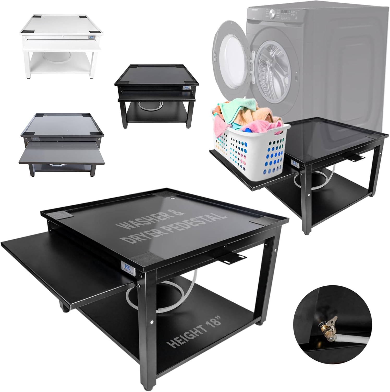 Washer and Dryer Pedestals with Pullout-Shelf – 24″ W, 18″ H, Black Steel Universal Fit with Major Brands | Laundry Pedestal with Drain Pan & Hose | Washer Stand for Back Pain Relief, 800 lbs Capacity