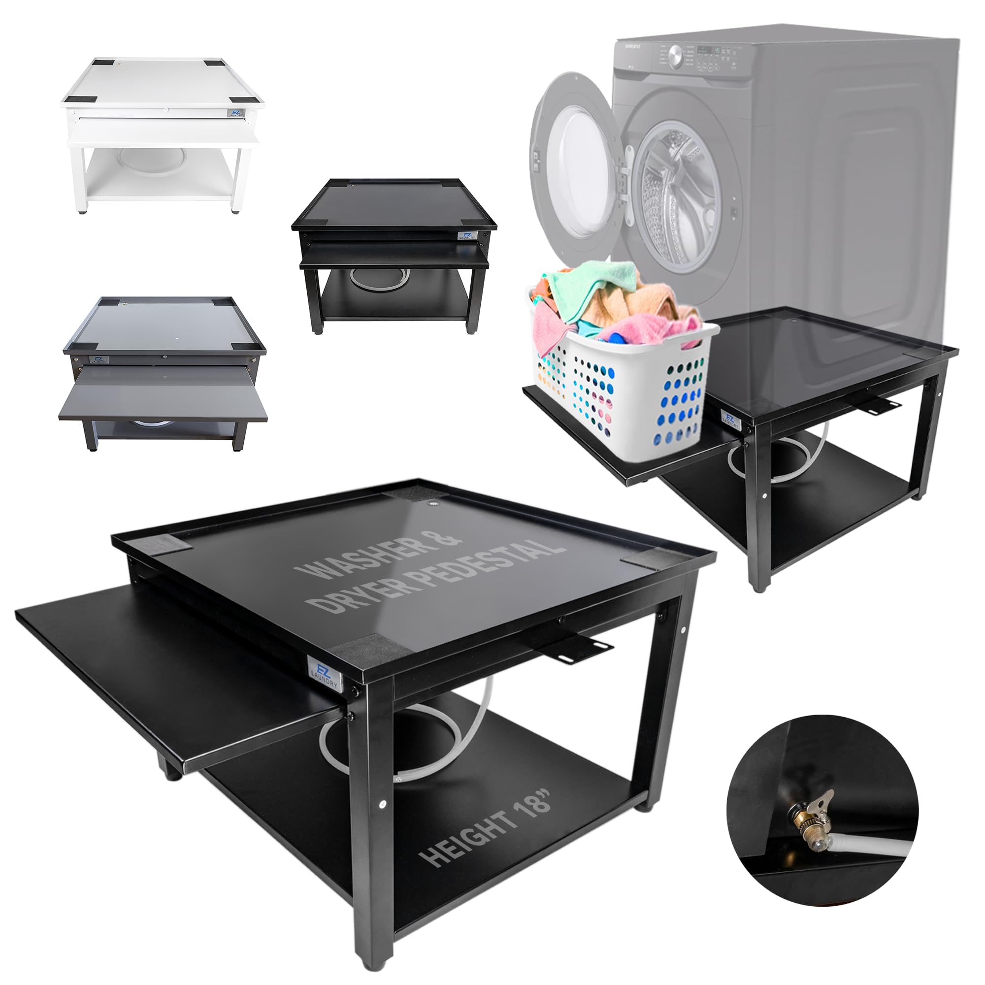 Washer and Dryer Pedestals - Ergonomic 61cm - 45.7cm Stand with Drain Pan & Pull Out Shelf - Black Steel Alloy Holds 360 kg - Reduces Back Pains - Easy Setup - Laundry Pedestal for Washer Dryer