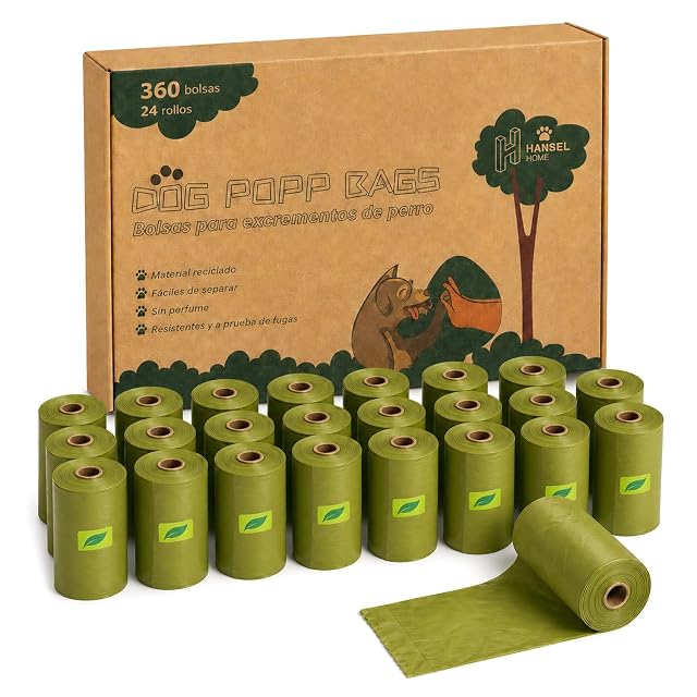 H HANSEL HOME Bolsas para Excrementos de Perro, 360 Bolsas, 24 Rollos de 15 Bolsas, 33 x 23 cm, Sin Perfume