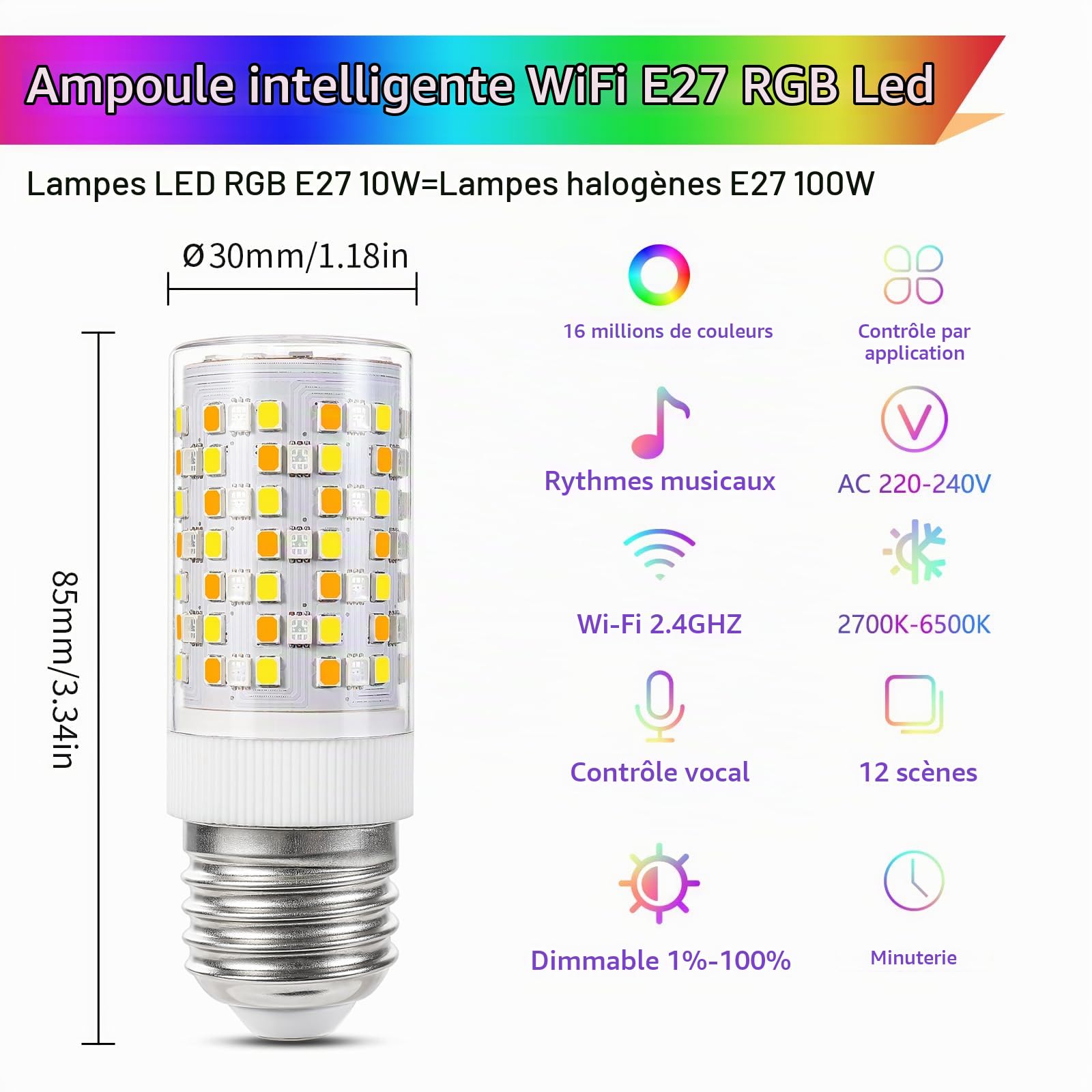 I-SHUNFA Ampoule Intelligente WiFi Smart E27 RGBCW LED,3 Pack | Changement de Couleur avec Synchronisation Musicale des Ampoules,10W,800LM,Fonctionnant avec Alexa Google Home