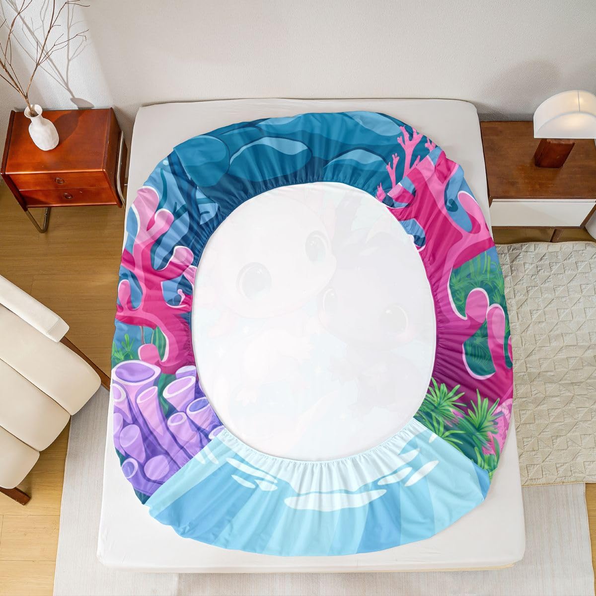 Loussiesd Lindo juego de sábanas de ajolote tamaño doble para niños y niñas, juego de ropa de cama de dibujos animados de salamandra, juego de sábanas de animales oceánicos con bolsillos profundos de