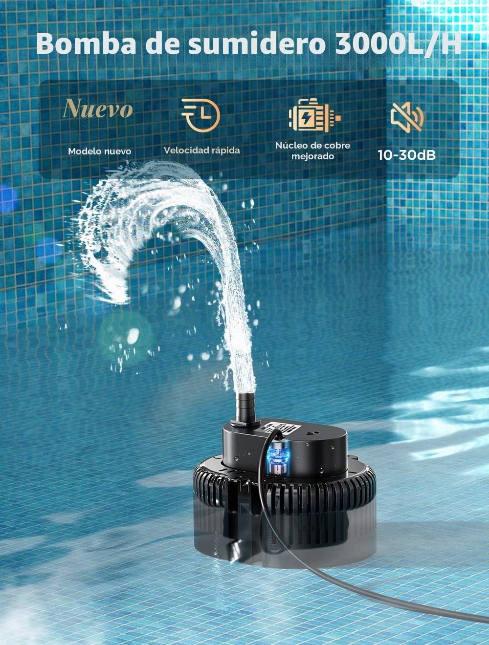 Bomba Sumergible para Piscinas 25 Pies Cable Extralargo, Bomba de Agua Residual (negro)