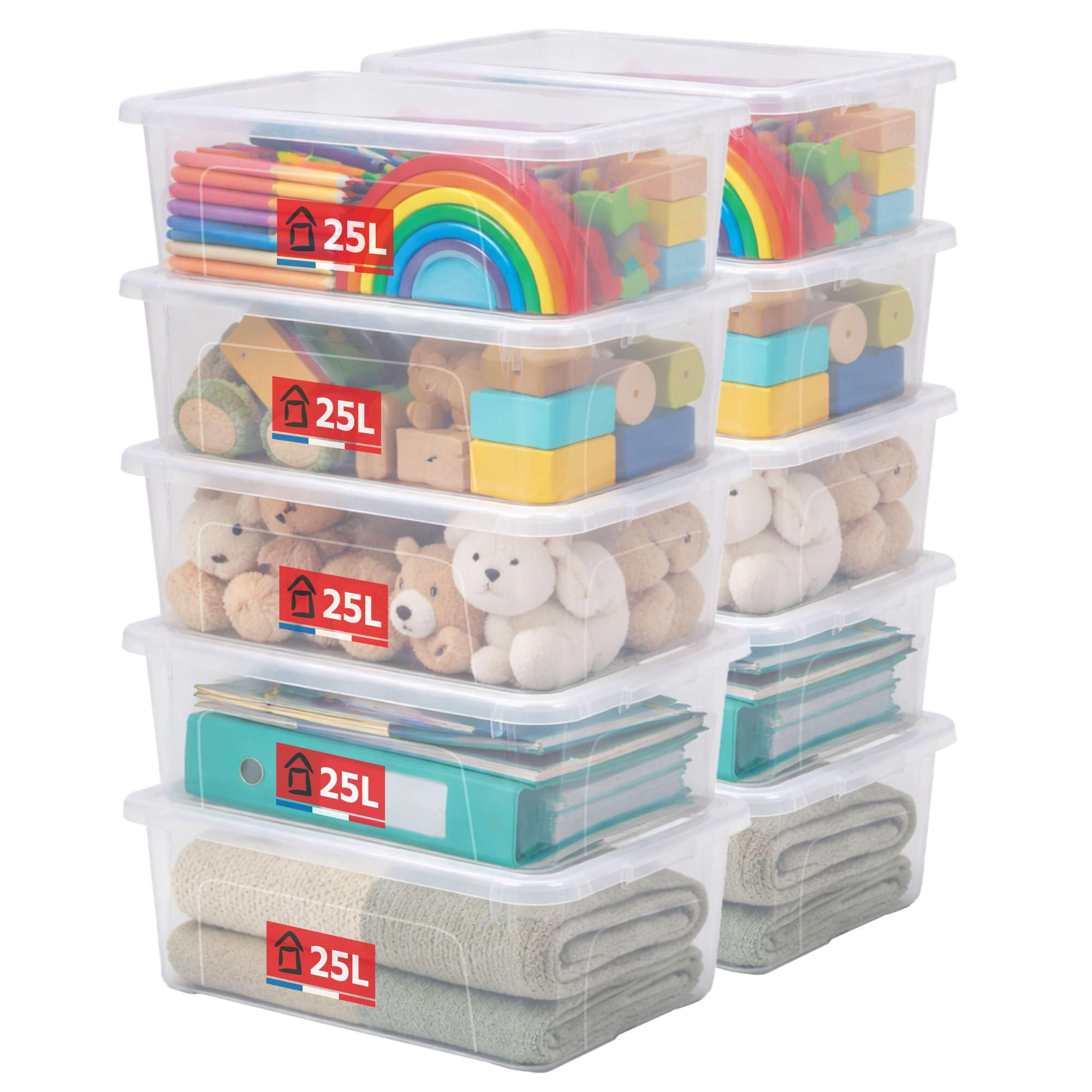 Boîtes de rangement plastique SUNDIS View Box 25L | Lot de 10 empilables pour armoire