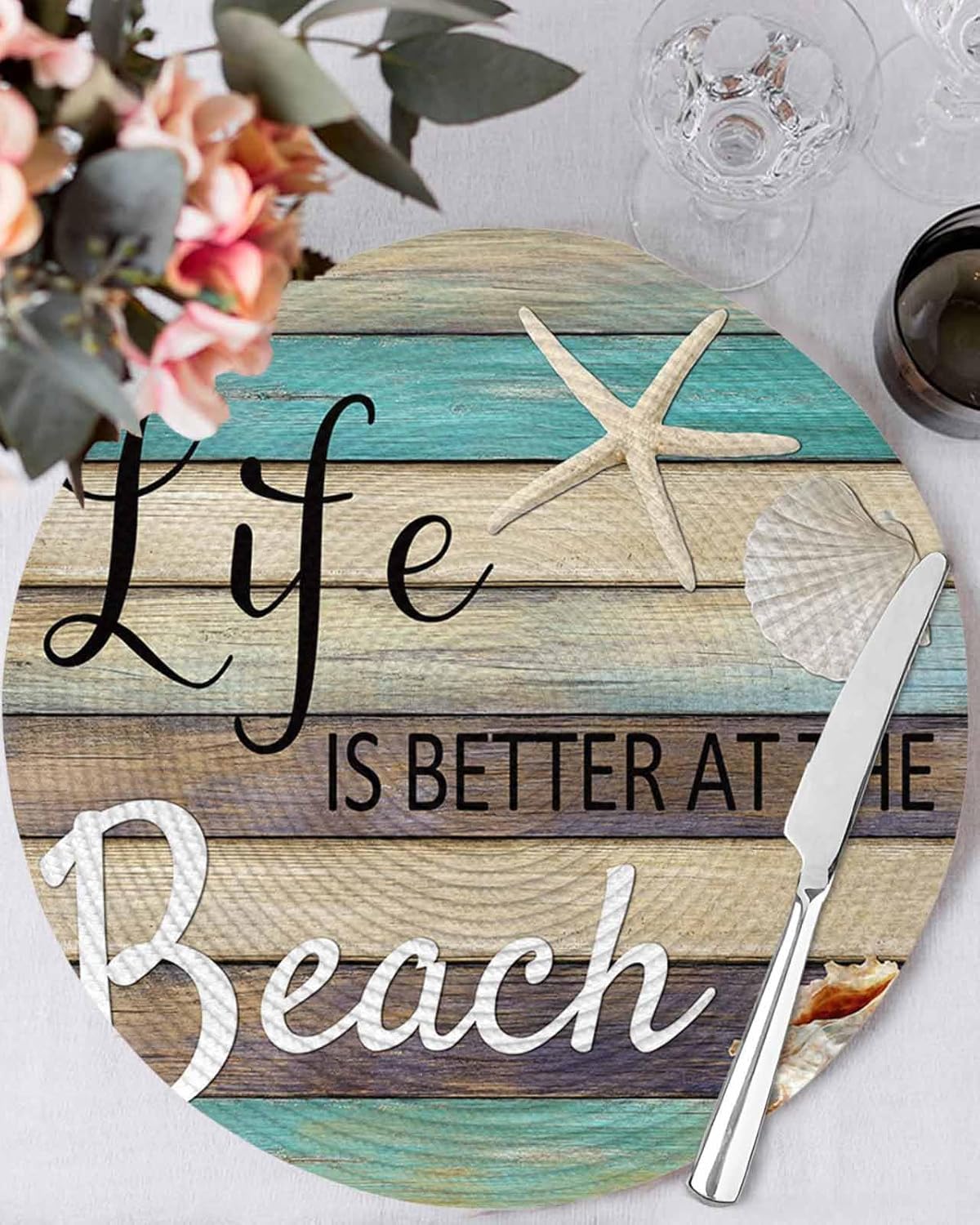Round Placemats Set of 8 Ocean Starfish Woven Place Mats Life is Better at The Beach Rustic Wooden Circle Braided Placemat Heat Resistant Table Mat for Kitchen Dining Table Party Home Decor 15 Inch
