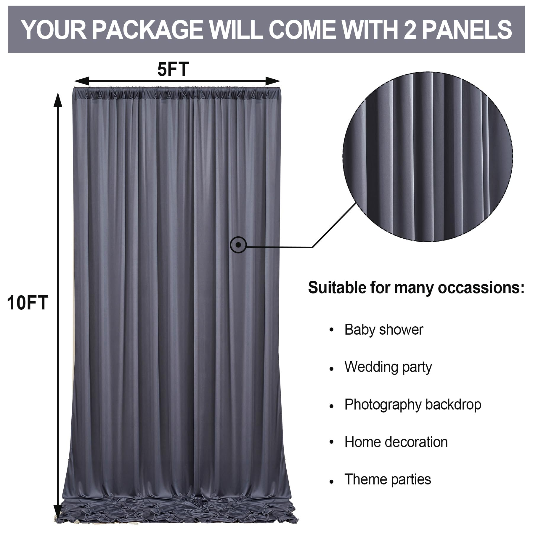 10 ft x 10 ft Wrinkle Free Charcoal Backdrop Curtain for Parties, Dark Grey Polyester Photo Backdrop Drapes for Baby Shower Wedding Engagement Birthday Party Backdrop Stand,5ft x 10ft 2 Panels