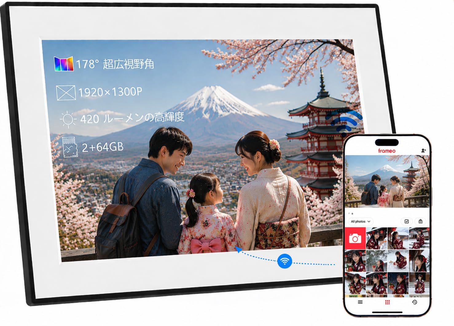Frameo 11インチ デジタルフォトフレーム WiFi 1920×1300 FHD IPS タッチスクリーン 64GB内蔵 自動回転 SDカード・USBメモリ対応 写真・動画共有 リモート転送 プレゼント ギフト