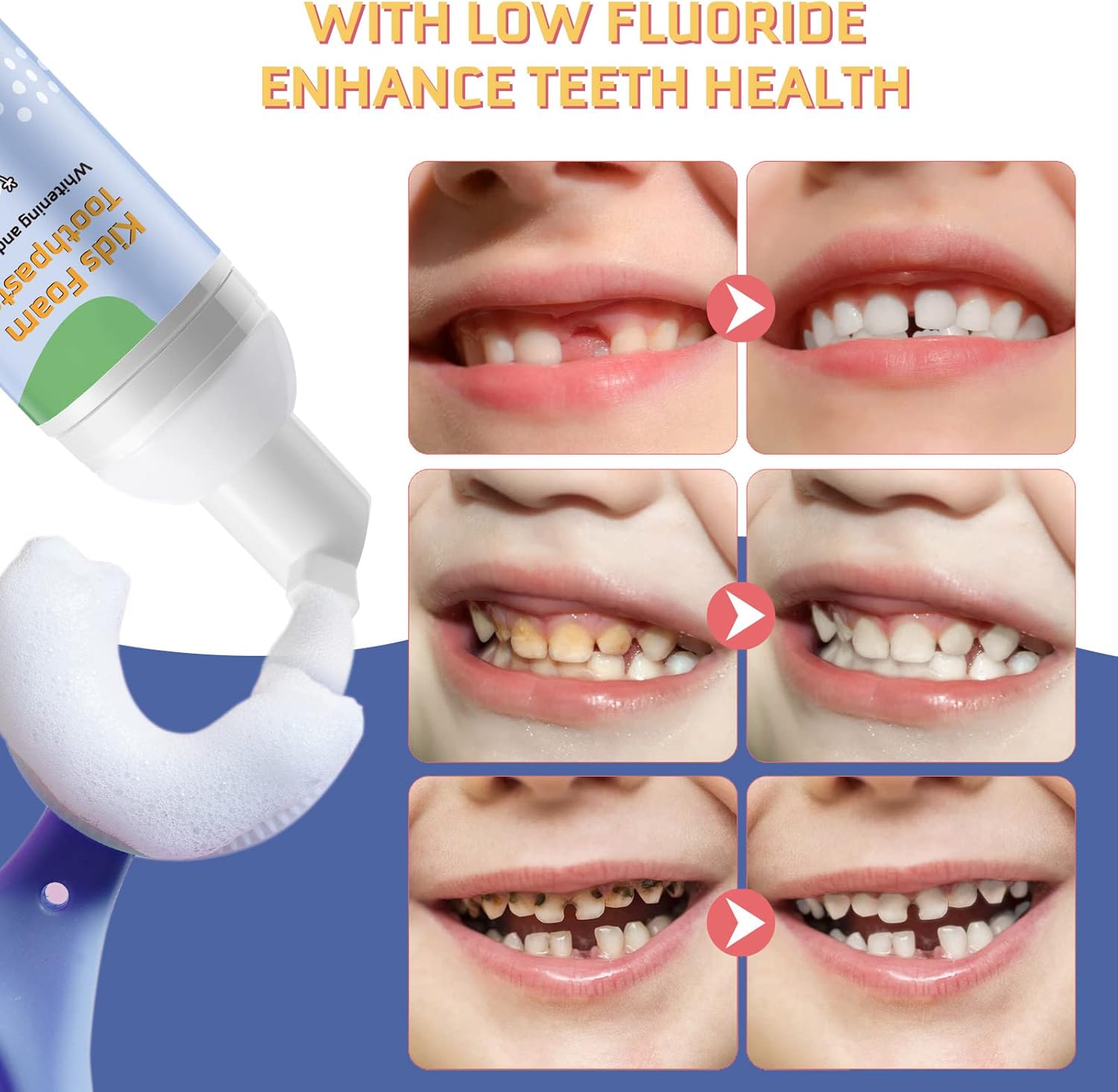 Foam Toothpaste Kids, Toddler Toothpaste with Low Fluoride, Kids Toothpaste for U Shaped & Electric Toothbrush, Foam Toothpaste for Children Ages 3 Plus (4PCS, Strawberry+Orange+Watermelon+Blueberry)