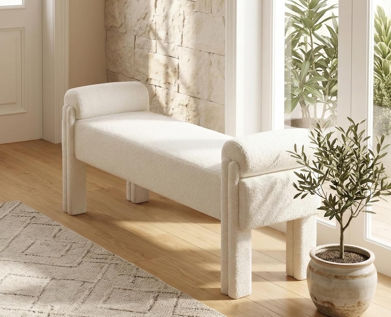 White Boucle End of Bed Bench 53 Inch Long Ottoman Sherpa Padded Upholstered Modern Bench for Bedroom/Living Room/Foyer/Entryway