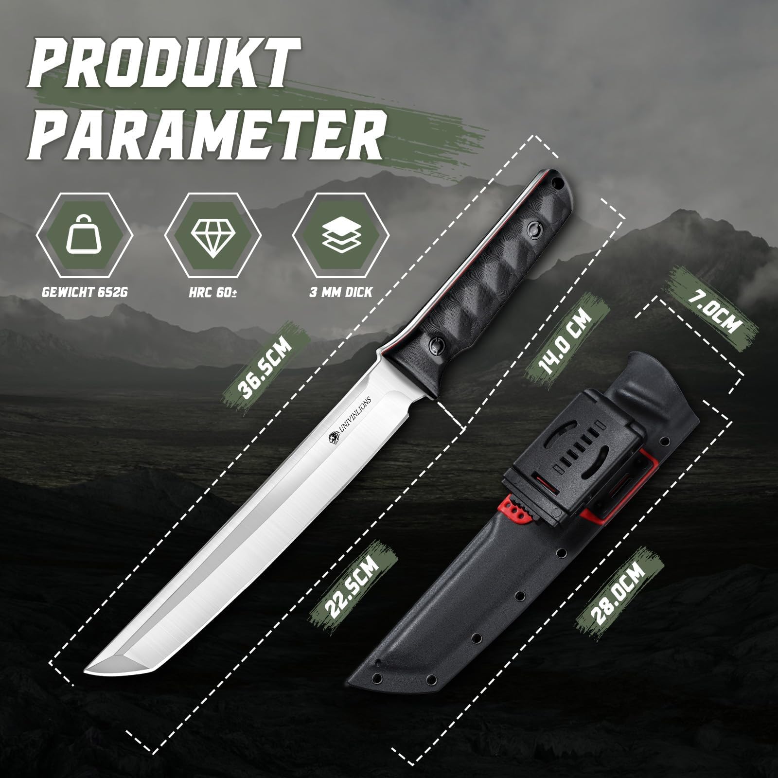 Outdoor Messer Scharfes Tanto Bushcraft Messer Großes Machete Jagdmesser Feststehende Klinge mit Kydexscheide Survival Messer für Männer Camping