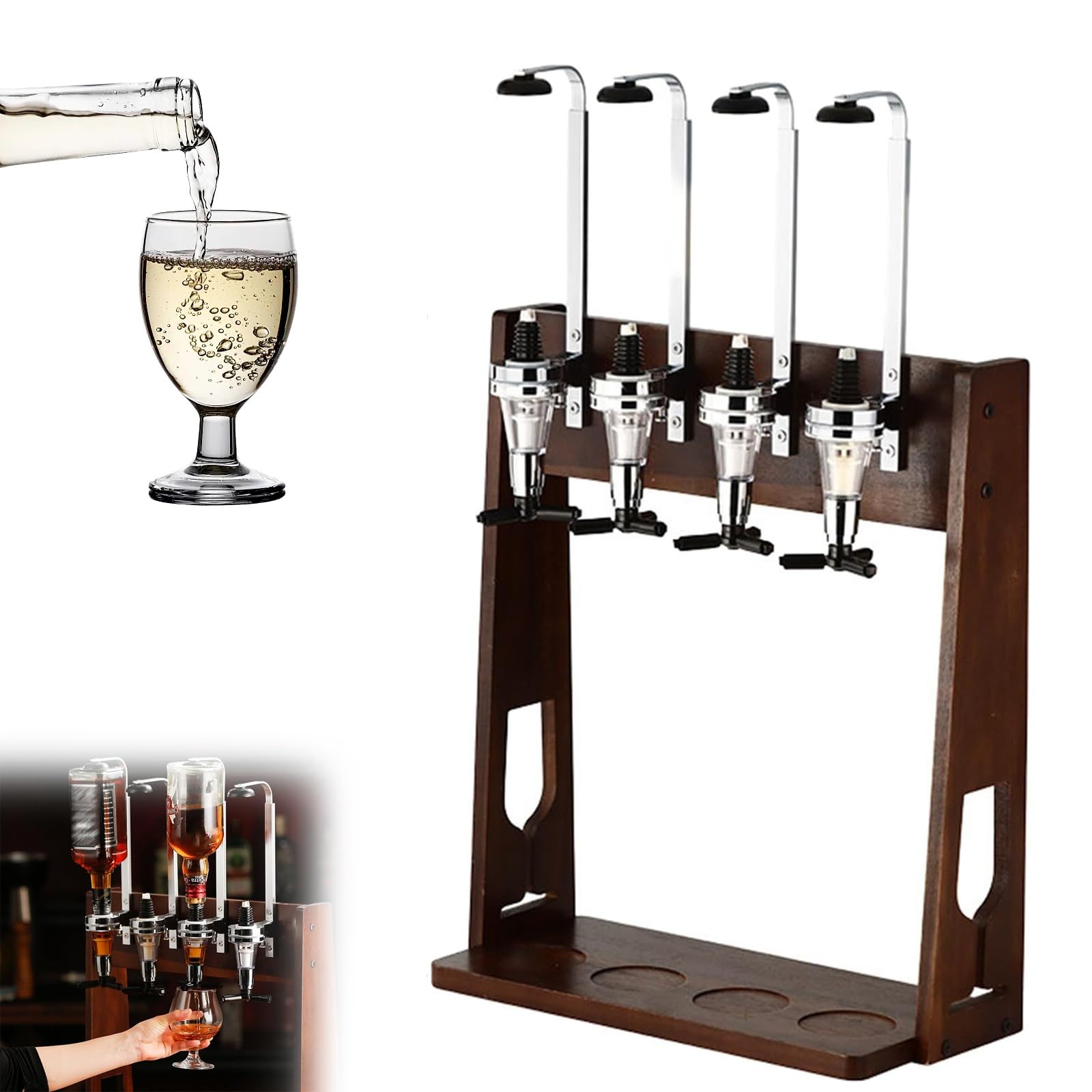 Dosificador de bebidas para 4 botellas con mecanismo de resorte y estante de madera