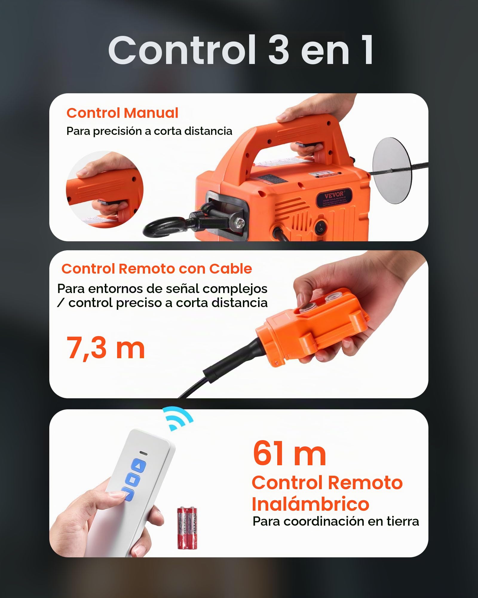 VEVOR Cabrestante Eléctrico 3 en 1, Carga 700 kg, 1500 W, Altura de Elevación 7,6 m, Velocidad de 5 m/min con Control Manual, Remoto con Cable e Inalámbrico para Fábricas, Almacenes y Talleres