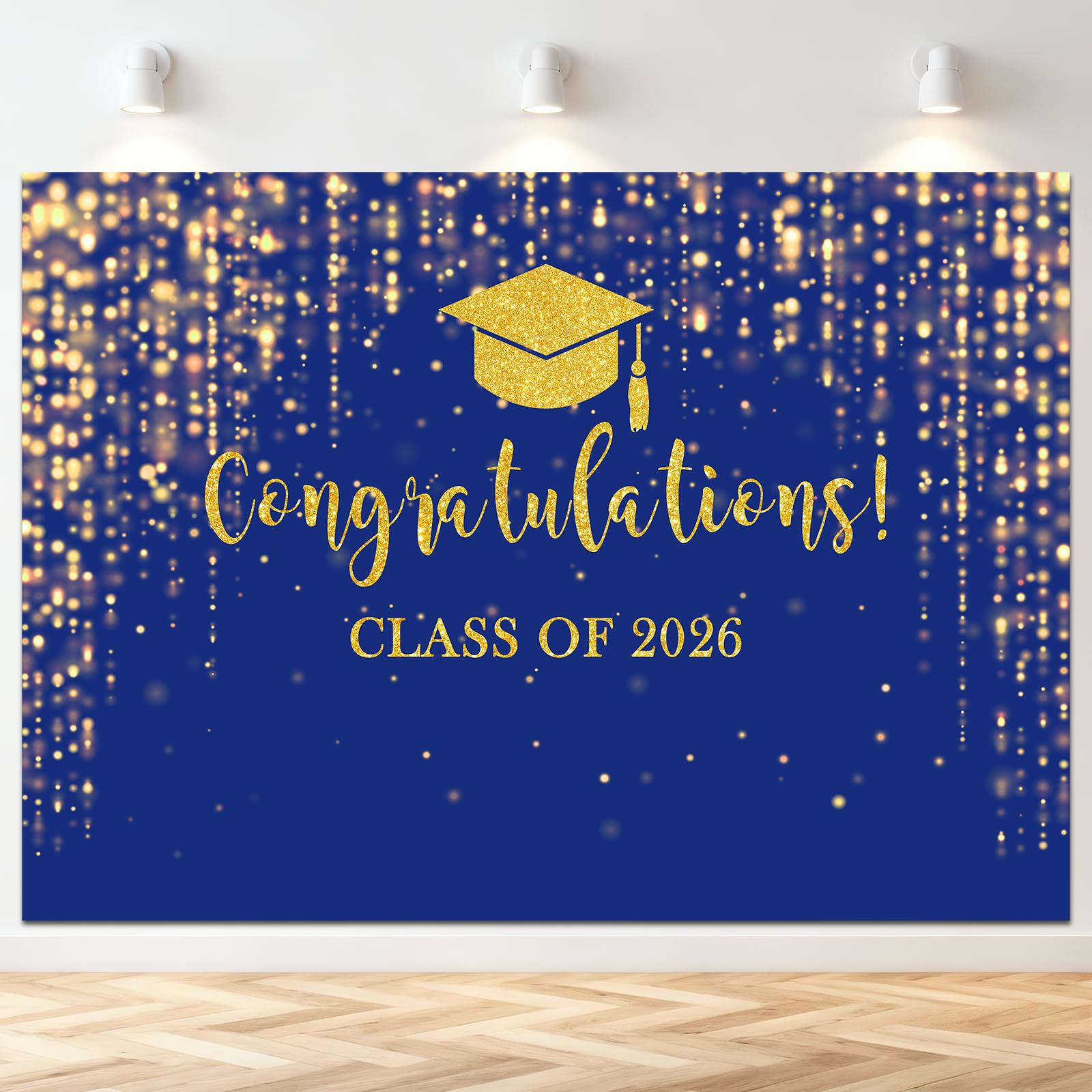Mocsicka Class of 2026 Backdrop Blue Gold Glitter Bokeh Graduation Party Background 2026 Congrats Grad Prom Party Cake Table Decoration Photo Booth