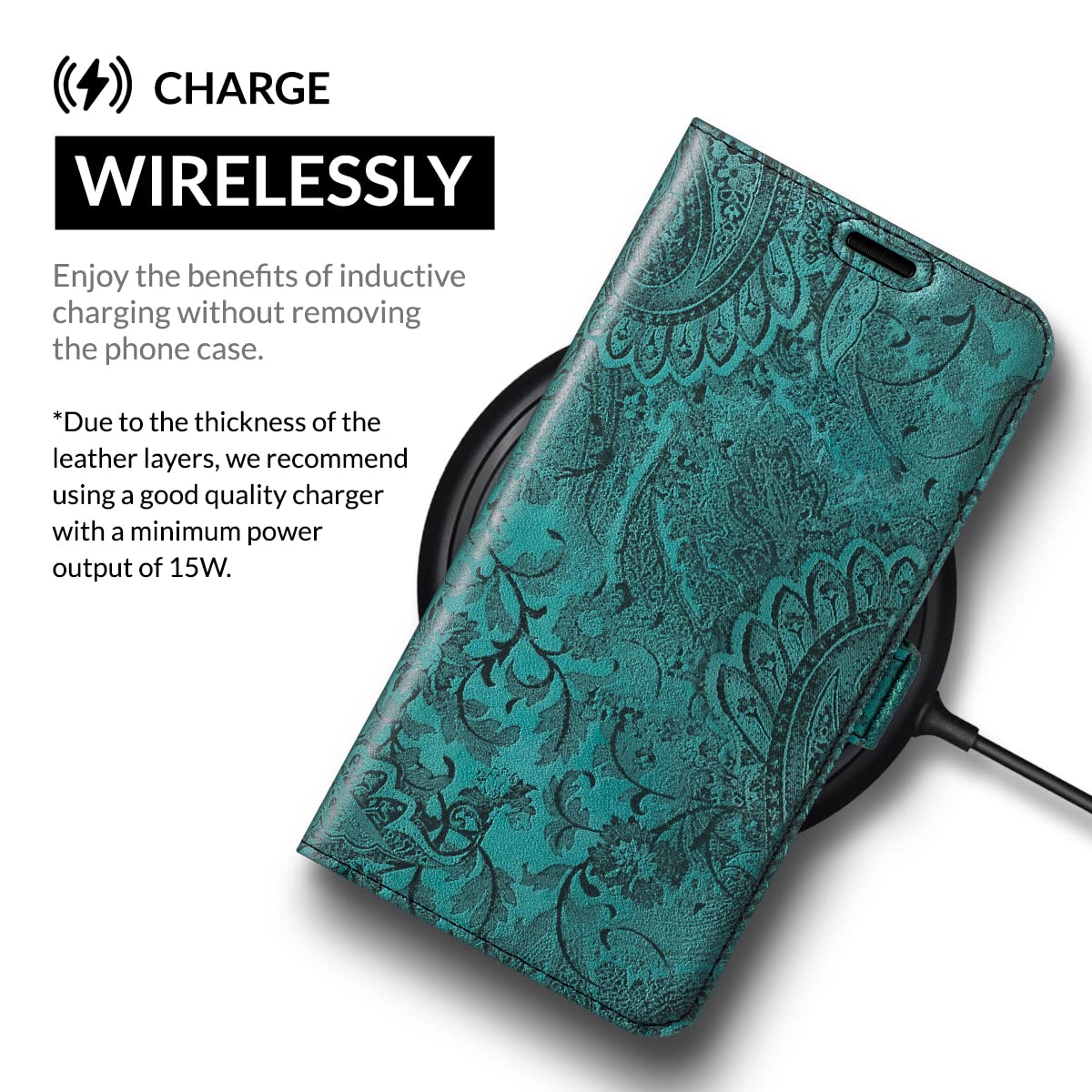 SURAZO Etui na telefon komórkowy Apple iPhone 15 Pro Max Slim – składane etui ochronne z prawdziwej skóry [przegródka na karty, ochrona RFID, kwiatowy wzór] etui z klapką, skórzane etui (turkusowe)