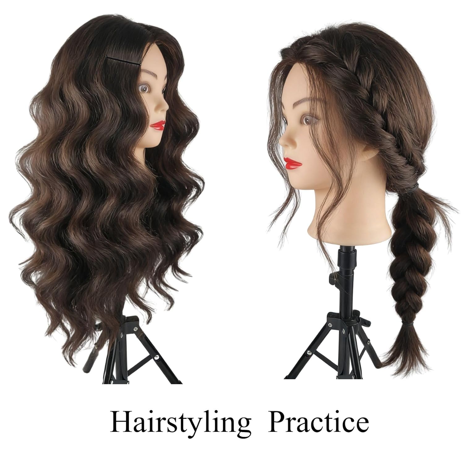 28inch Real Hair Mannequin Head Manikin Head to Practice Braiding Cutting Hairstyling for Beginners Hairdressers Cosmetology Training Doll Head with Stand