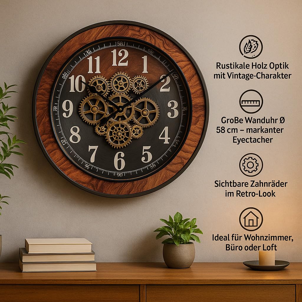 formano XXL Wanduhr antik Zahnräder 58x58cm Metall, goldene drehende Zahnräder Wurzelholz-Dekor, batteriebetrieben, Vintage Design, edle Uhr für Wohnzimmer, sichtbare Mechanik