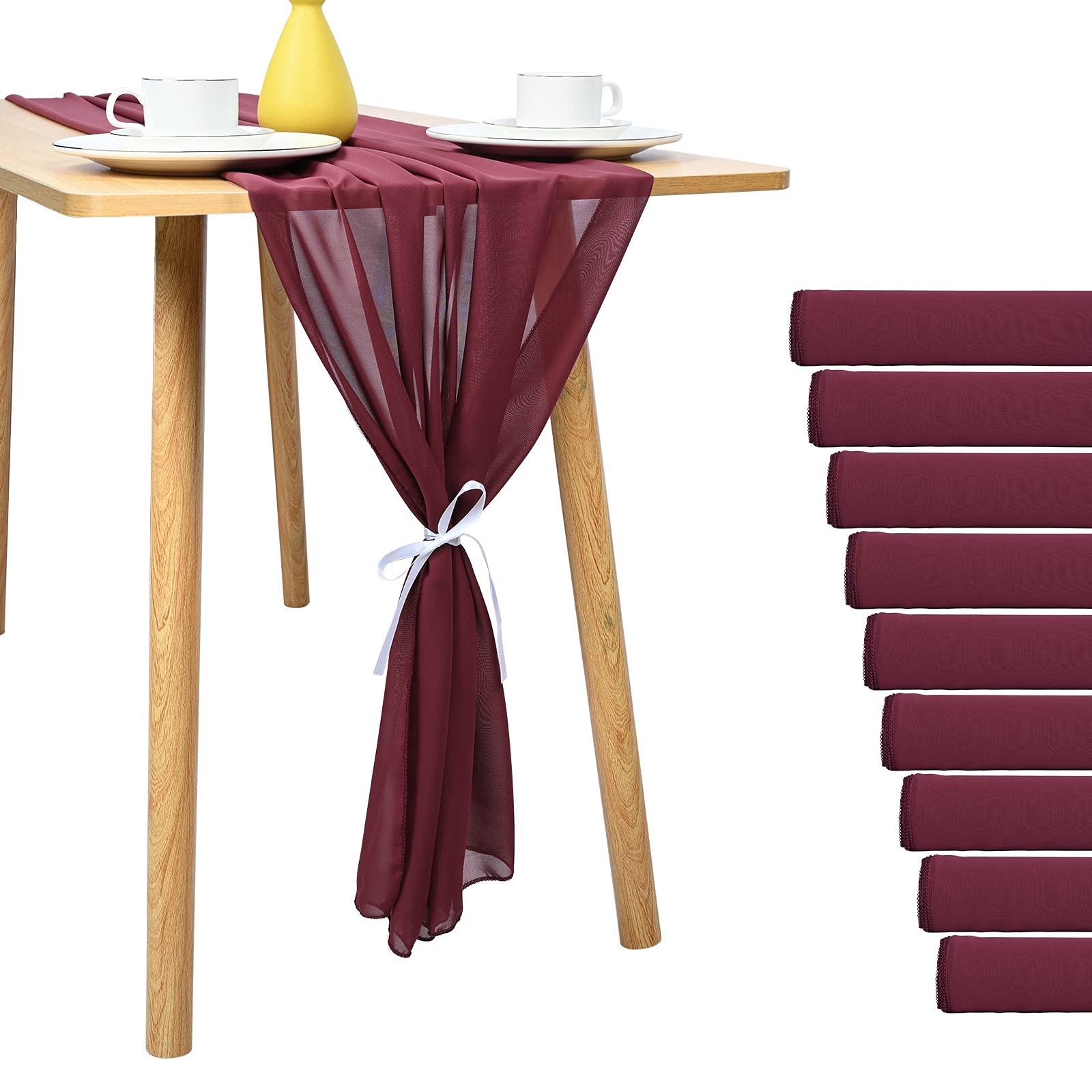 9 Piece Burgundy Sheer Chiffon Table Runner 10Ft - 28x120 Inches Sheer Wedding Runner Romantic Table Runner Overlays for Rustic Boho Wedding Birthday Party Bridal Baby Shower Table Decoration