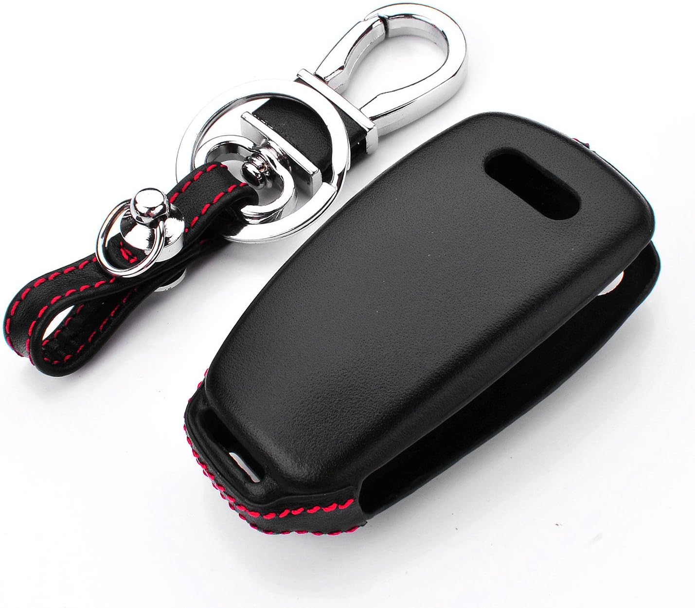 Men Women Genuine Leather Key Fob Cover for Audi A1 A3 A4 A6 A8 Quattro Q2 Q3 Q7 R8 RS3 RS6 S3 S6 TT TTS Key, Car Remote Key Case Pouch Bag with Key Ring Kit Keychain Holder Hook - Black