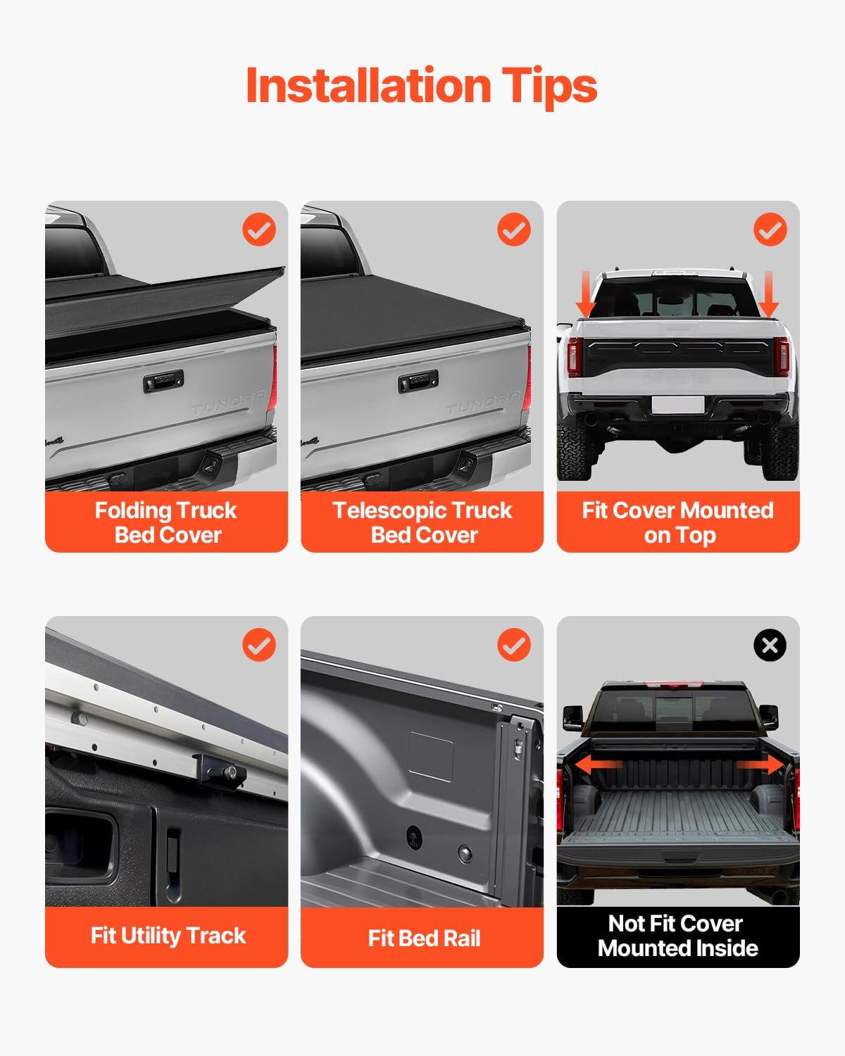 Six diagrams showing compatibility with different truck bed cover types and installation methods: Folding Truck Bed Cover, Telescopic Truck Bed Cover, Fit Cover Mounted on Top, Fit Utility Track, Fit Bed Rail, and Not Fit Cover Mounted Inside.