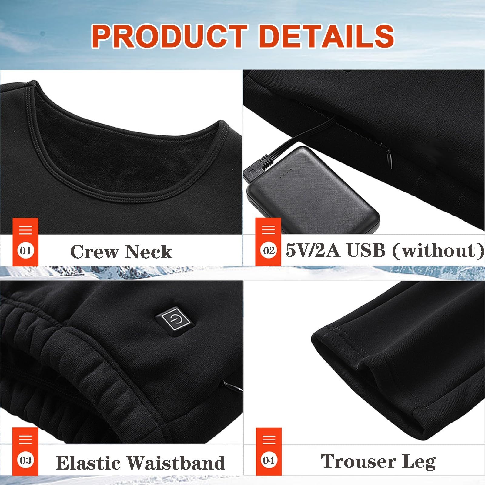 Conjunto De Ropa Interior Térmica Calefactable Para Hombre, Con 22 Zonas De Calefacción Inteligentes Y Elásticos, Compatible Con USB, Para Caza, Pasear Al Perro Y Palear(Negro,4XL)
