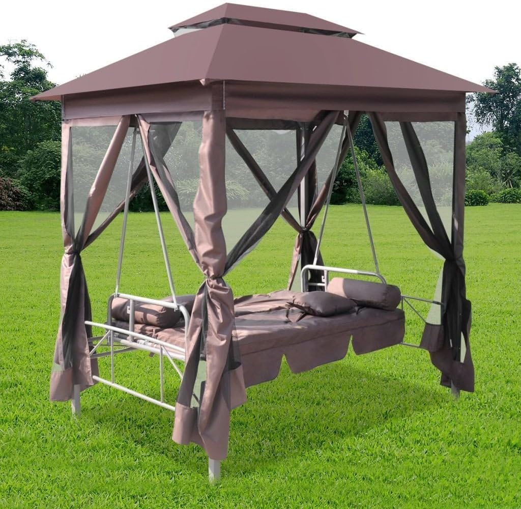Outdoor Patio Double Swing Hammock Sun Lounger Bed w/Canopy, Brown