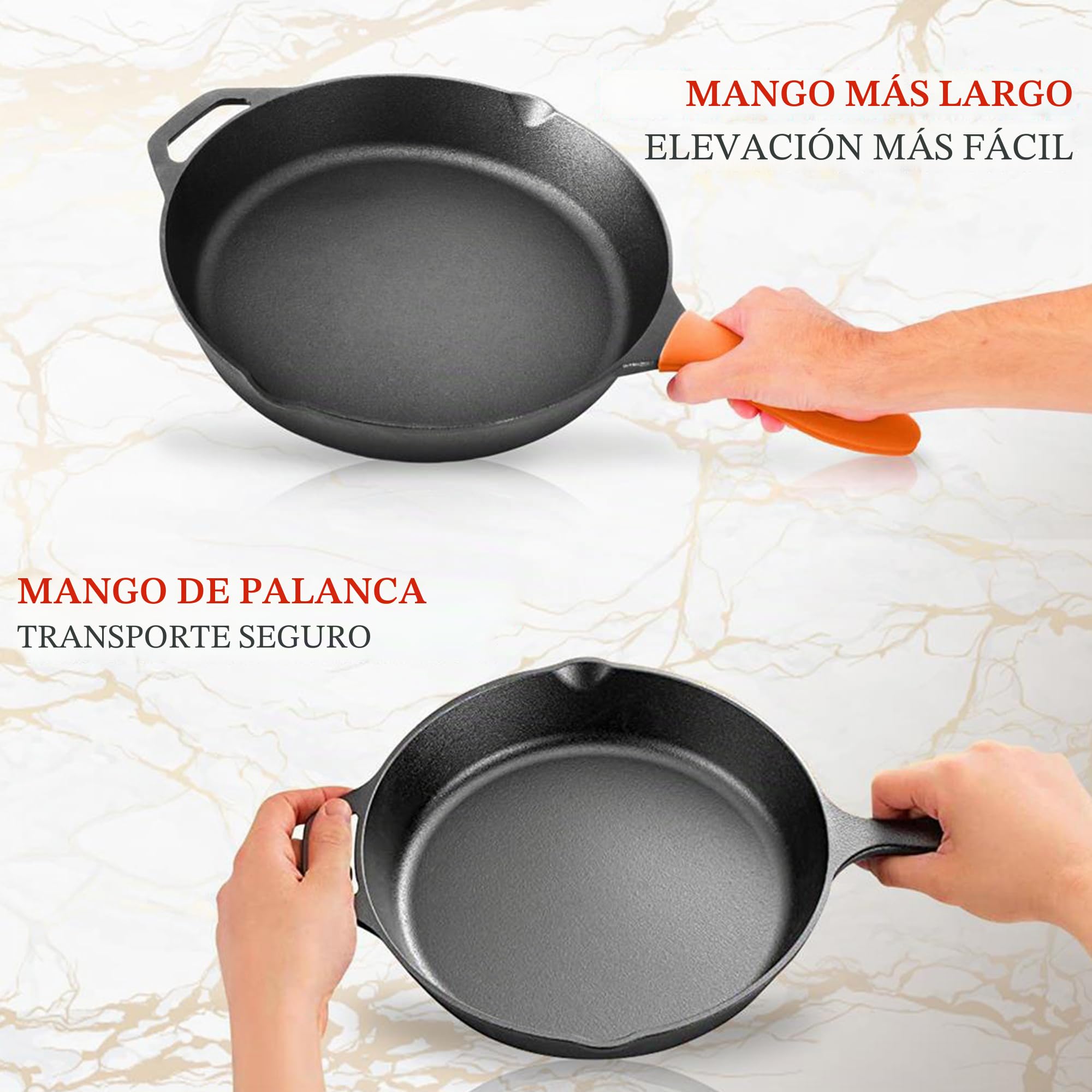 NutriChef Sartenes de Hierro Fundido de 25,4 cm y 30,5 cm- Duraderas, Antiadherentes, Mangos de Silicona, para Horno, Parrilla y Todas Las Placas