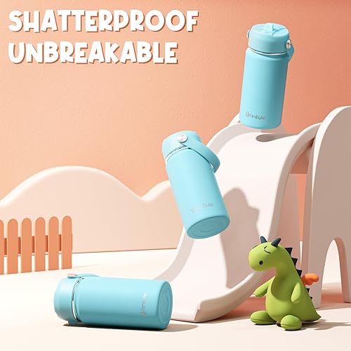 Miniatura 5 de Fimibuke Botella de agua para niños, 14 onzas, sin BPA, vaso de doble pared al vacío de acero inoxidable 188 a prueba de fugas, con popote y botella