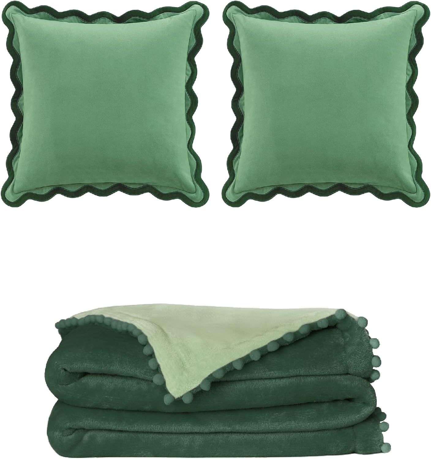 MONDAY MOOSE 20x20 inch Wavy Scalloped Decorative Throw Pillow Covers and and 50x60 inch Fleece Throw Blanket, Mix and Match for Home Decor (Green/Light Green, Dark Green/Sage)