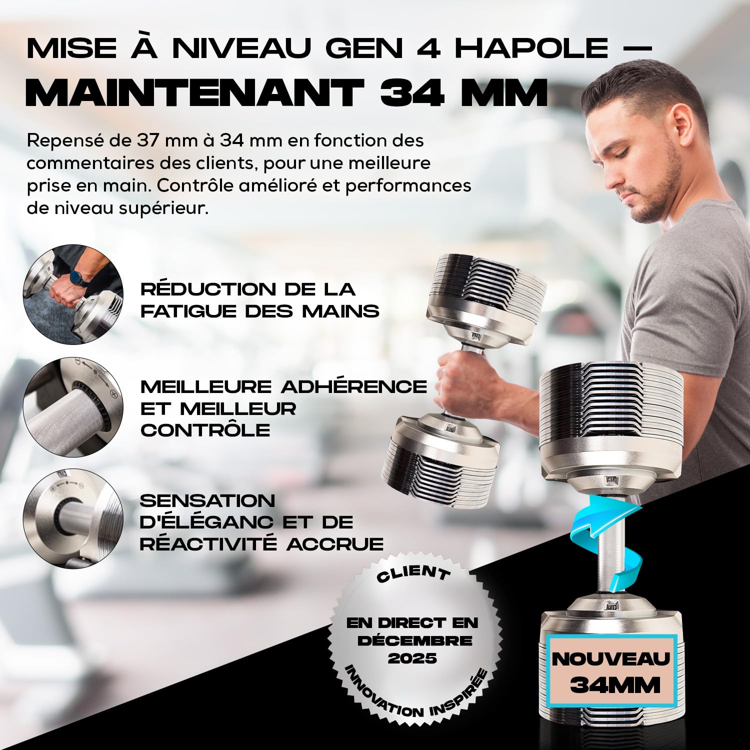 BRAINGAIN Haltères réglables - 23,5kg, 32,5kg, 41,5kg Chrome/Noir - Poids polyvalents pour la musculation à domicile