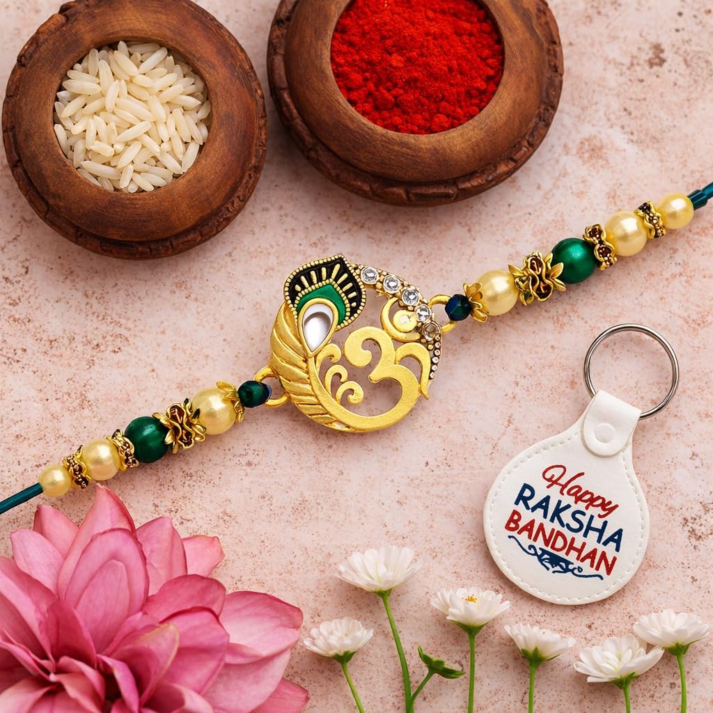 Religious Meenakari Om & Diamond Ring Rakhi with Roli Chawal and Greeting CardS 28-image-25