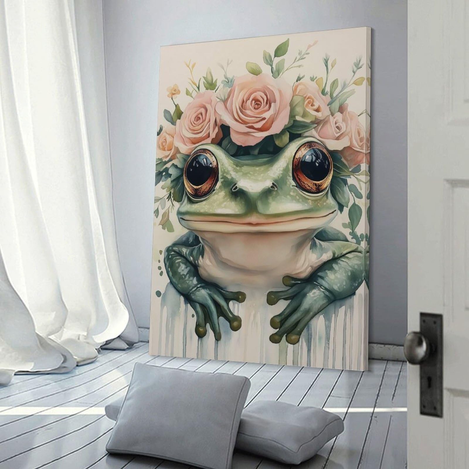 Junmoney Frog with Flower Crown Canvas Art Print 20x30inch(50x75cm), for Front Hall, Corridor Or Welcome Spaces, Home Artwork for First Impressions