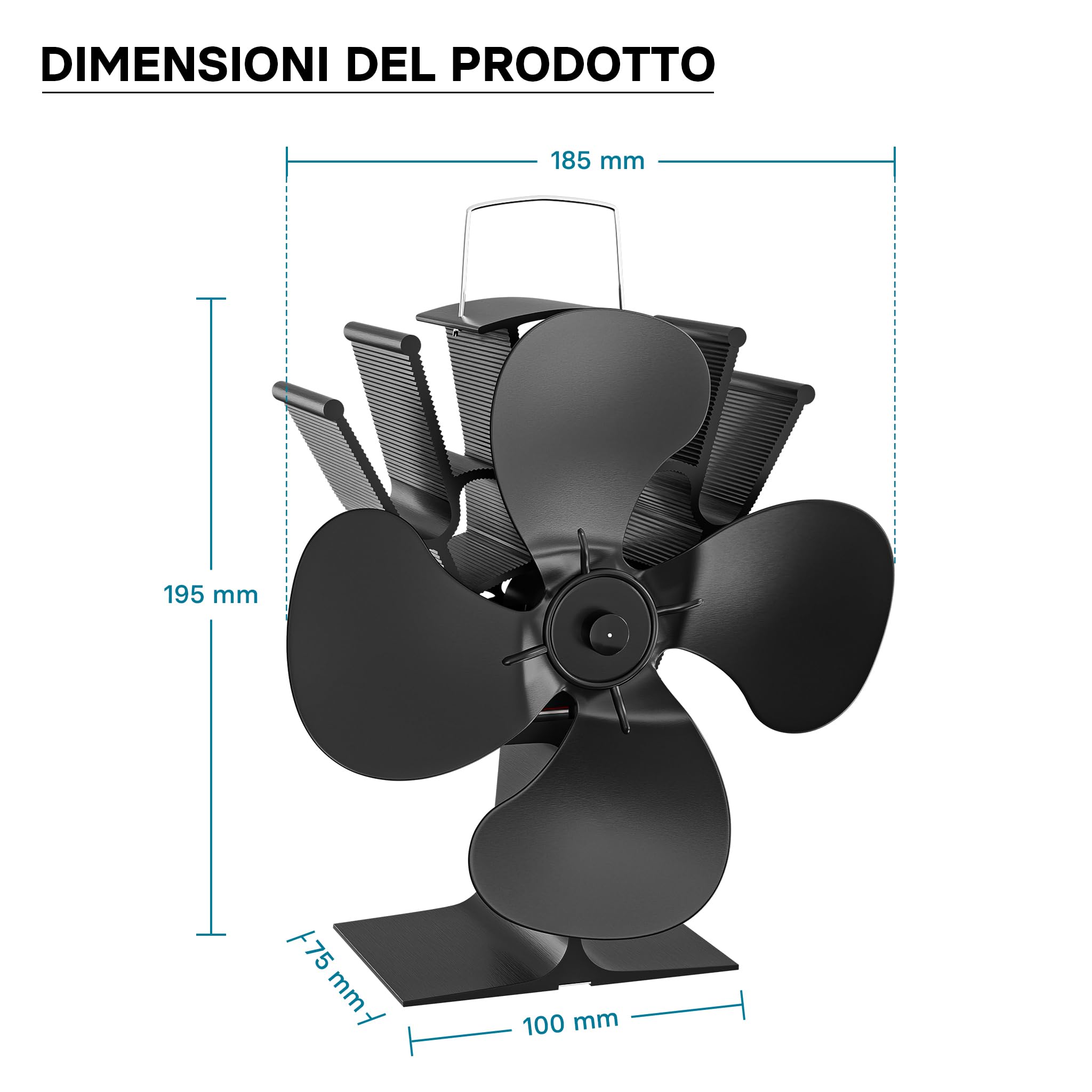 Wiltec Ventilatore per stufa a legna camino, Ventola con 4 pale, 70-350 °C, funzionamento senza elettricità