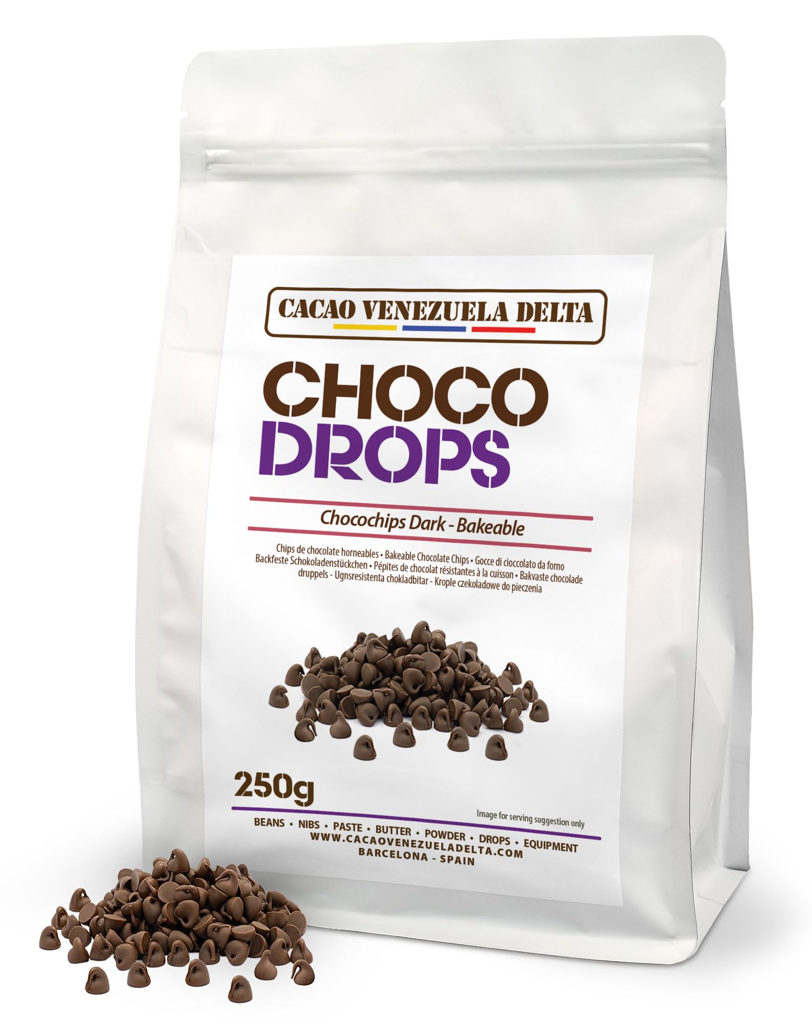 Cacao V Delta Pepitas de Chocolate Negro 250g Para Repostería Chips de Chocolate 46% Cacao No GMO Sin Gluten