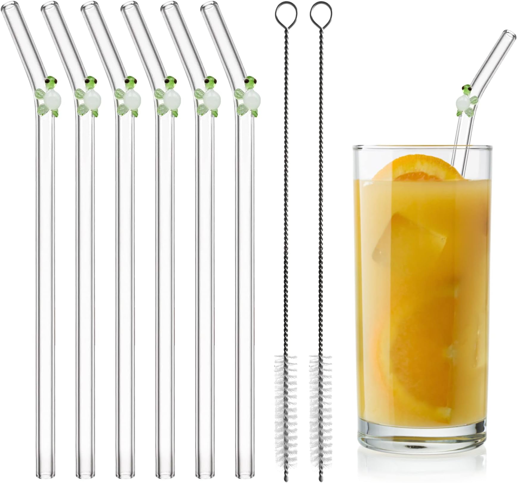Glass Straws Reusable Drinking Straws, Set of 6 with 2 Cleaning Brushes, with Little Turtle, Shatter Resistant Straws with Design, Curved Design for Smoothies, Cocktails, and Beverages