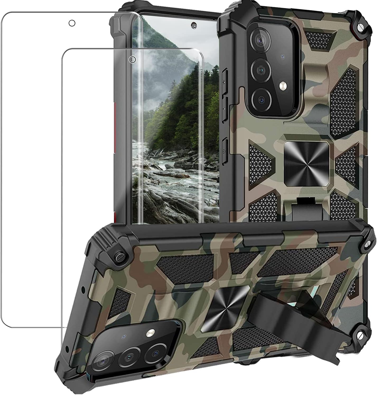 Case for Samsung Galaxy A52 5G Cover[+ 2pcs Screen Protector] Heavy Duty Defender Cover with Stand [Fits Magnetic Car Mount] Camouflage Pattern Protective Bumper Shell for Samsung Galaxy A52 5G (D)