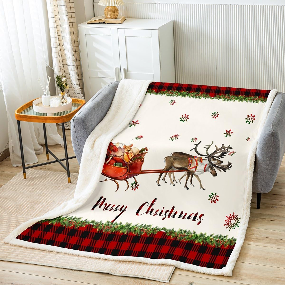 Erosebridal Xmas Deer Plush Fleece Blanket - Cute Santa Claus Sherpa Queen Size Merry Christmas Printed Kids Cartoon Throw Blanket for Sofa Grid Check Snowflake Decor