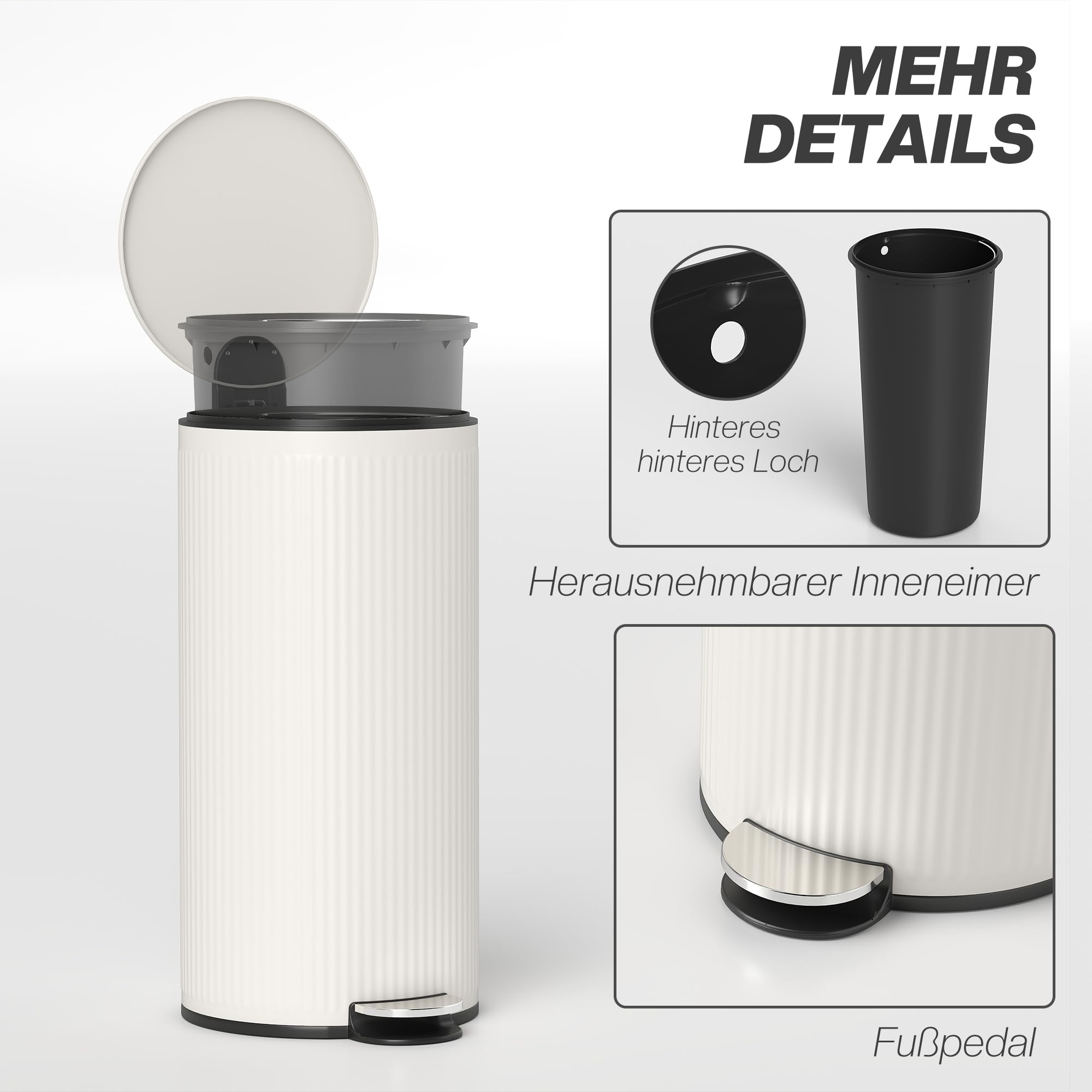 HOMCOM Mülleimer 30 L Treteimer mit Pedal, Cremeweiß, 36 x 30 x 60,5 cm | Softclose-Deckel, Abfallsammler, Abnehmbarer Inneneimer, Abfalleimer, Metall