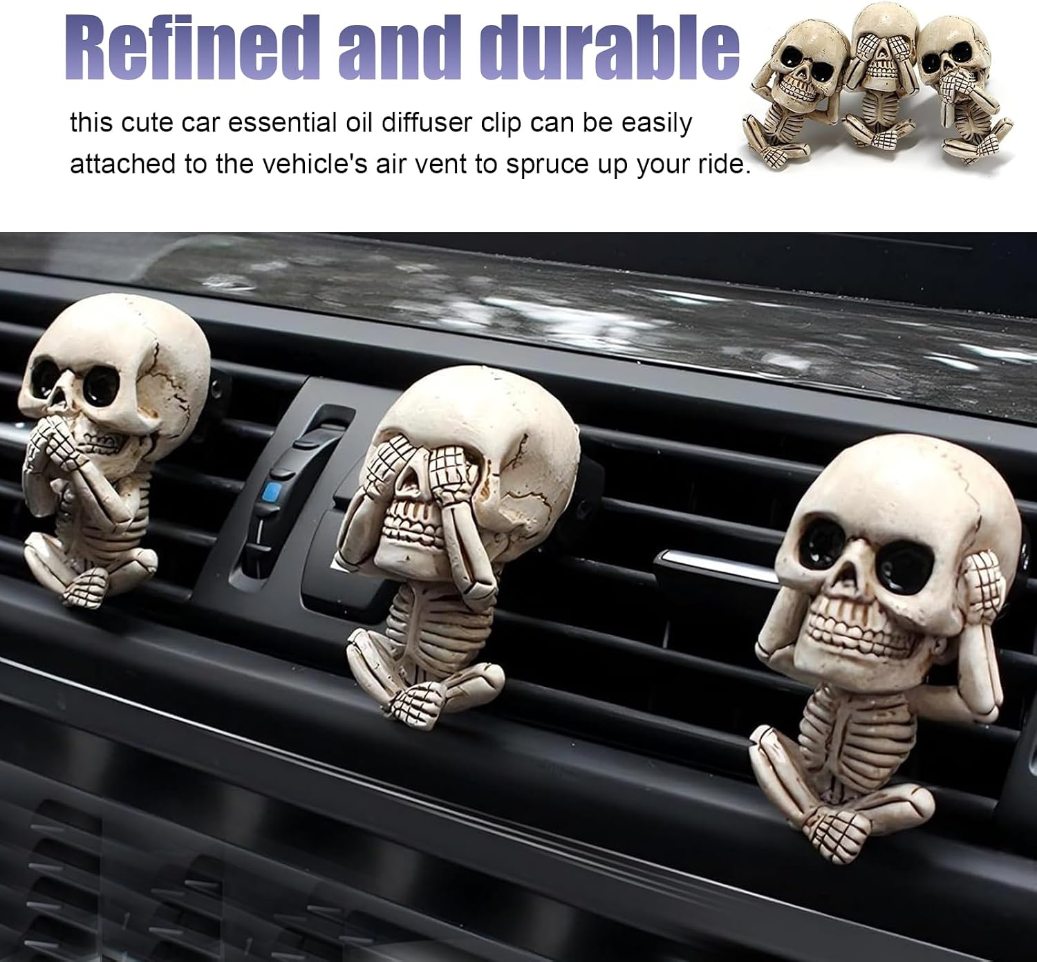 3 PCS Car Skull Air Vent Clips, 3D Aged Skeleton Resin Air Diffuser, Gothic Horror A/C Straight Outlet Decoration, Universal Cool Interior Ornament for Cars (White)
