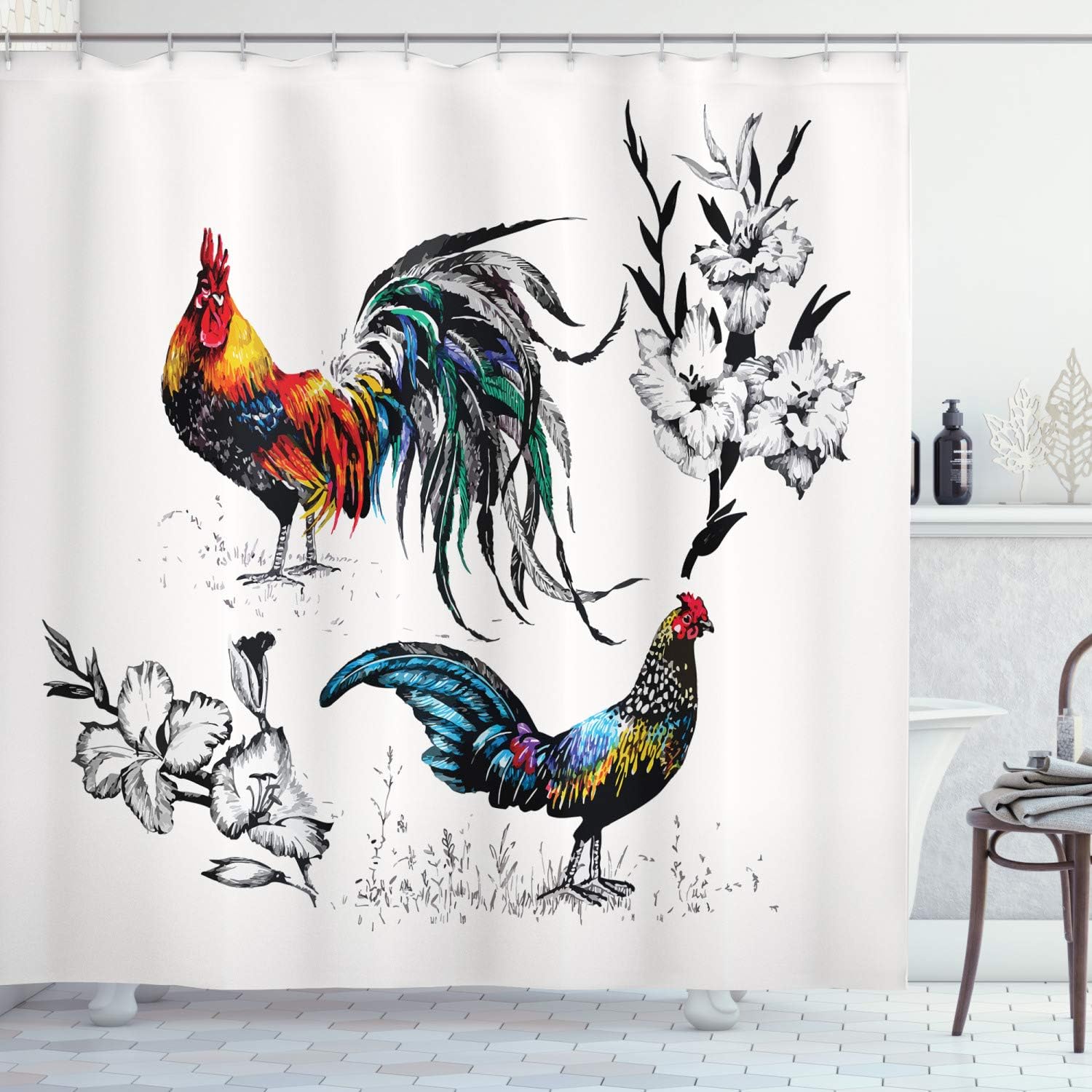 Ambesonne Gallus Shower Curtain, Roosters and Flowers Branches Stems Blooms Blossoms Grasses Wildflowers Artwork, Cloth Fabric Bathroom Decor Set with Hooks, 69" W x 70" L, Yellow Teal