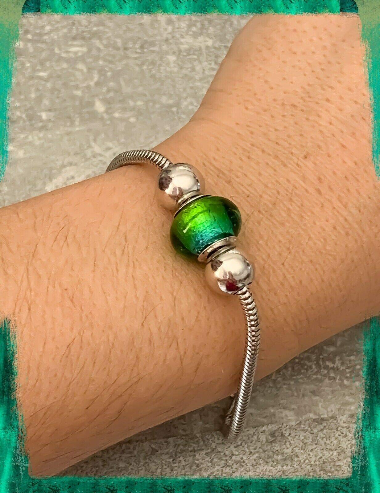 Bracciale Charm Perla Blu/Verde Vetro di Murano & Palline Argento 925/1000 Rodiato, 18 cm, Perla