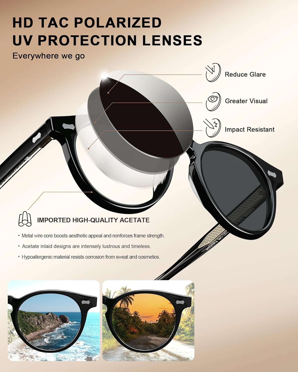 CARFIA Retro Acetate Polarized Sunglasses for Men UV Protection, Vintage Round Frame Eyewear with Gold Filigree CA5506 - Image 8