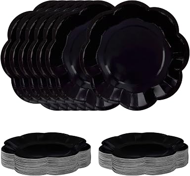 SietDESEO 50 PCS Black Paper Plates 9 Inch Scalloped Dessert Plates Black Disposable Plate for Party Dinner Wedding Baby Shower Birthday Cake Plate