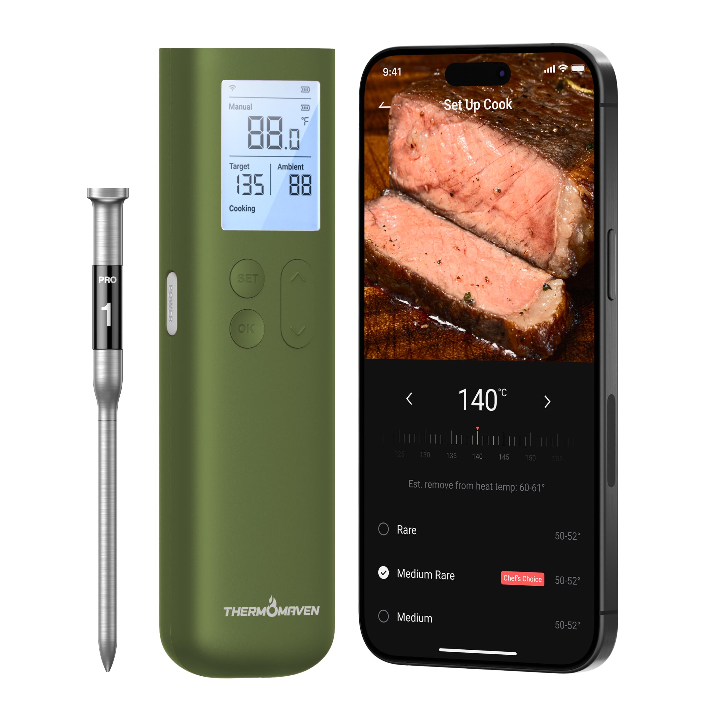 ThermoMaven Smart Bluetooth Termómetro Inalámbrico para Carne Sub-1G Estabilidad de Señal Base, Exactitud Certificada ± 0,3 °C, Alcance Wifi para Barbacoa, Horno, Ahumador, Barbacoa, Verde Aguacate