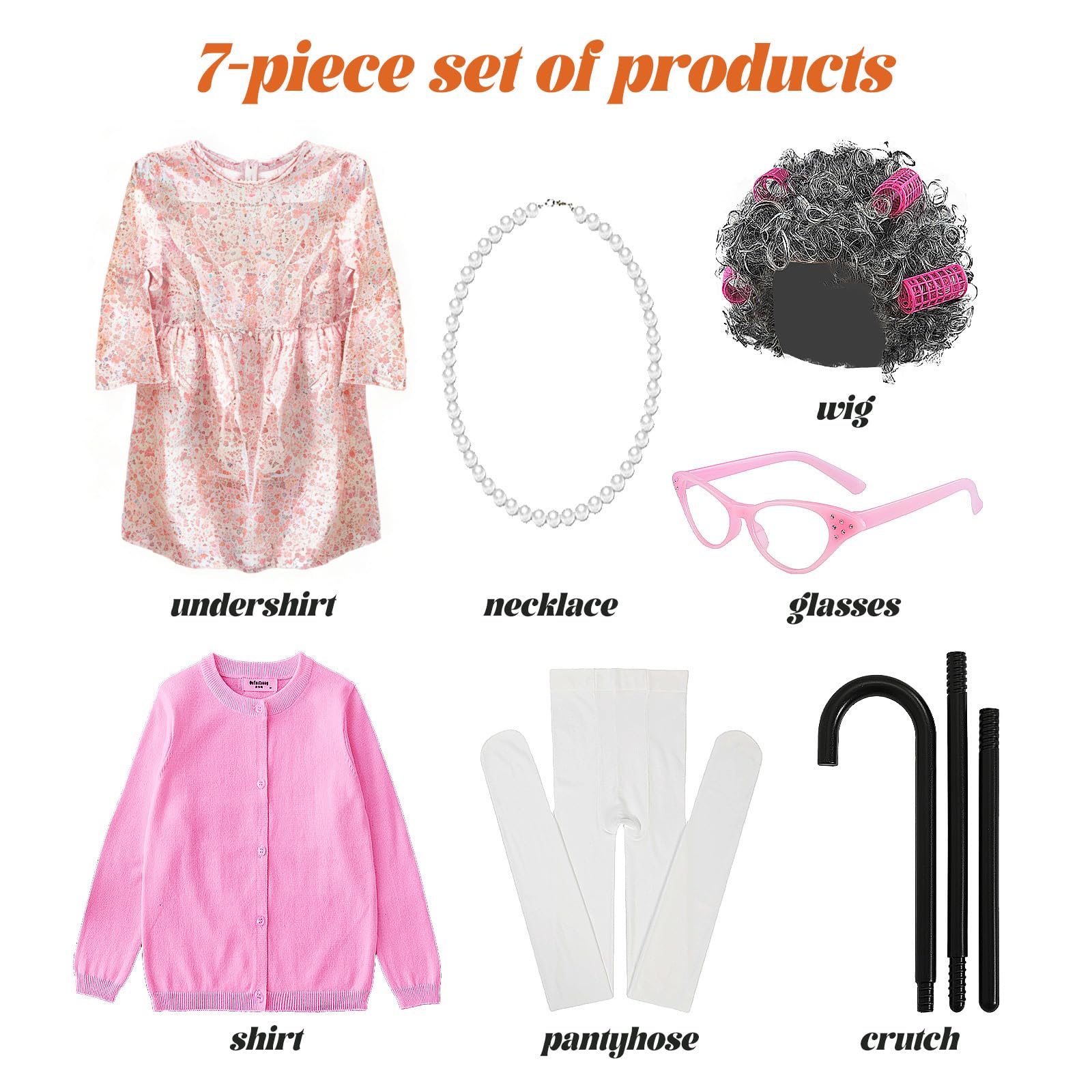 JoyFuncos Granny Costume Kids Old Lady Fancy Dress Outfit Grandma Wig Dress Glasses Necklace Girls Cosplay for Halloween 100 Days of School World Book Day (Pink - Image 4