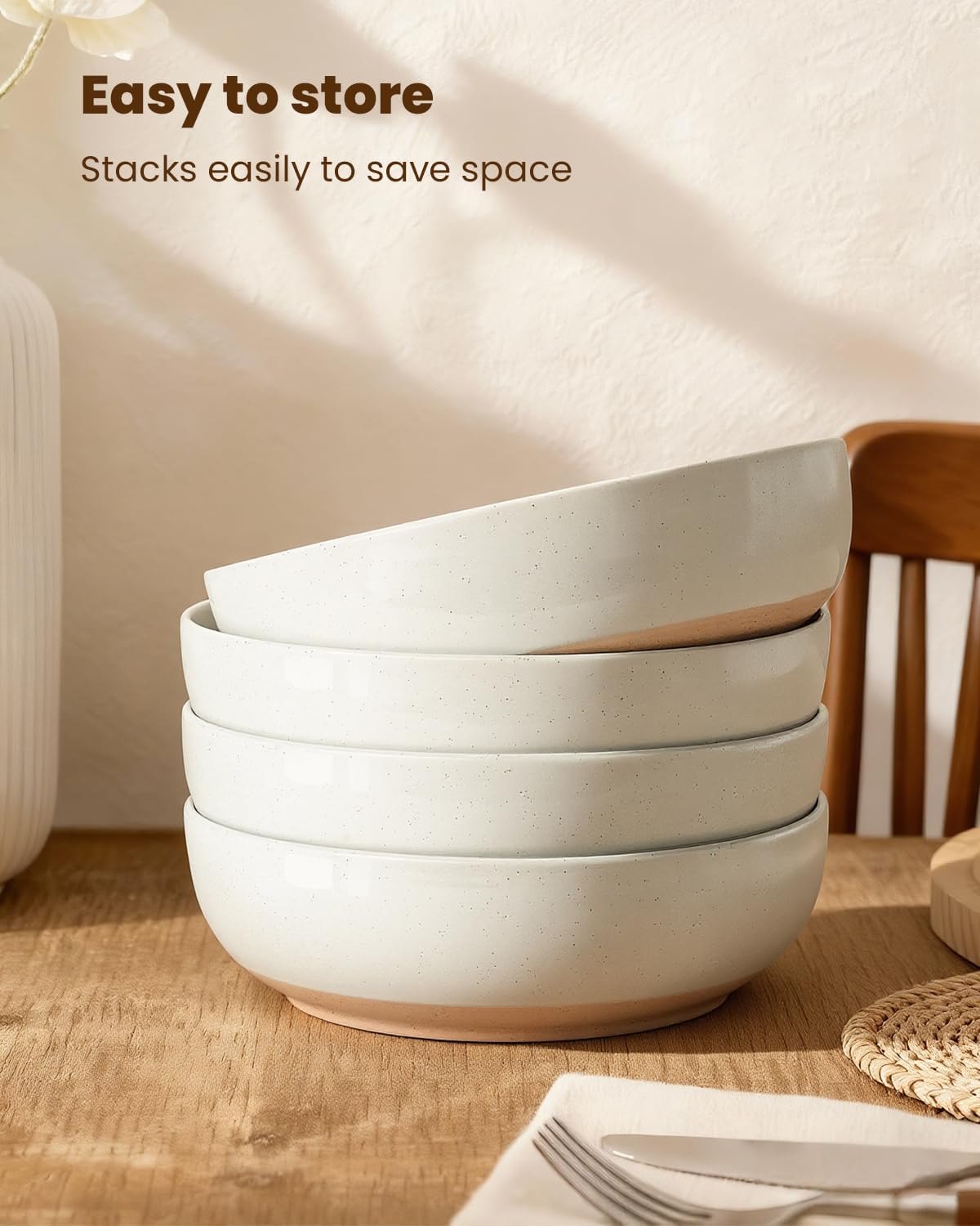 Pasta Bowls Set of 8, 34oz Speckled Ceramic Bowls Set for Serving Salad, Pasta, Soup, Dinner, 8" Wide and Deep Bowls, Dishwasher & Microwave Safe, Matte Terracotta Base (Warm White)