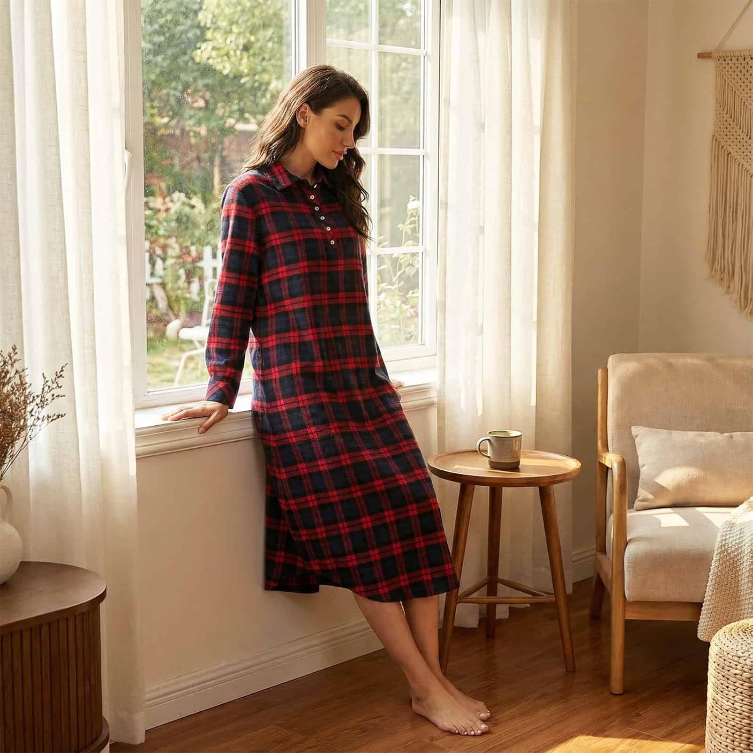 Long Flannel Nightgown for Women Long Sleeve Cotton Flannel Nightgowns with Pockets Winter Plaid Midi Night Gowns - Image 5