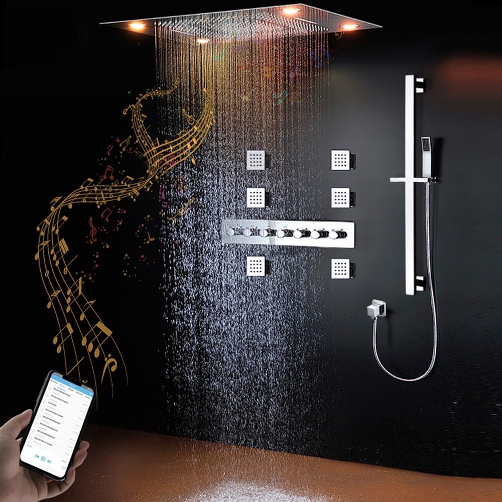 Cascada Luxurious 23"x31" LED Shower System with 6 Functions (Rainfall, Waterfall, Curtain, Misty, Body Jets & Handheld), Built-in Bluetooth Speakers & Shower Sliding Bar (Polished Stainless Steel)