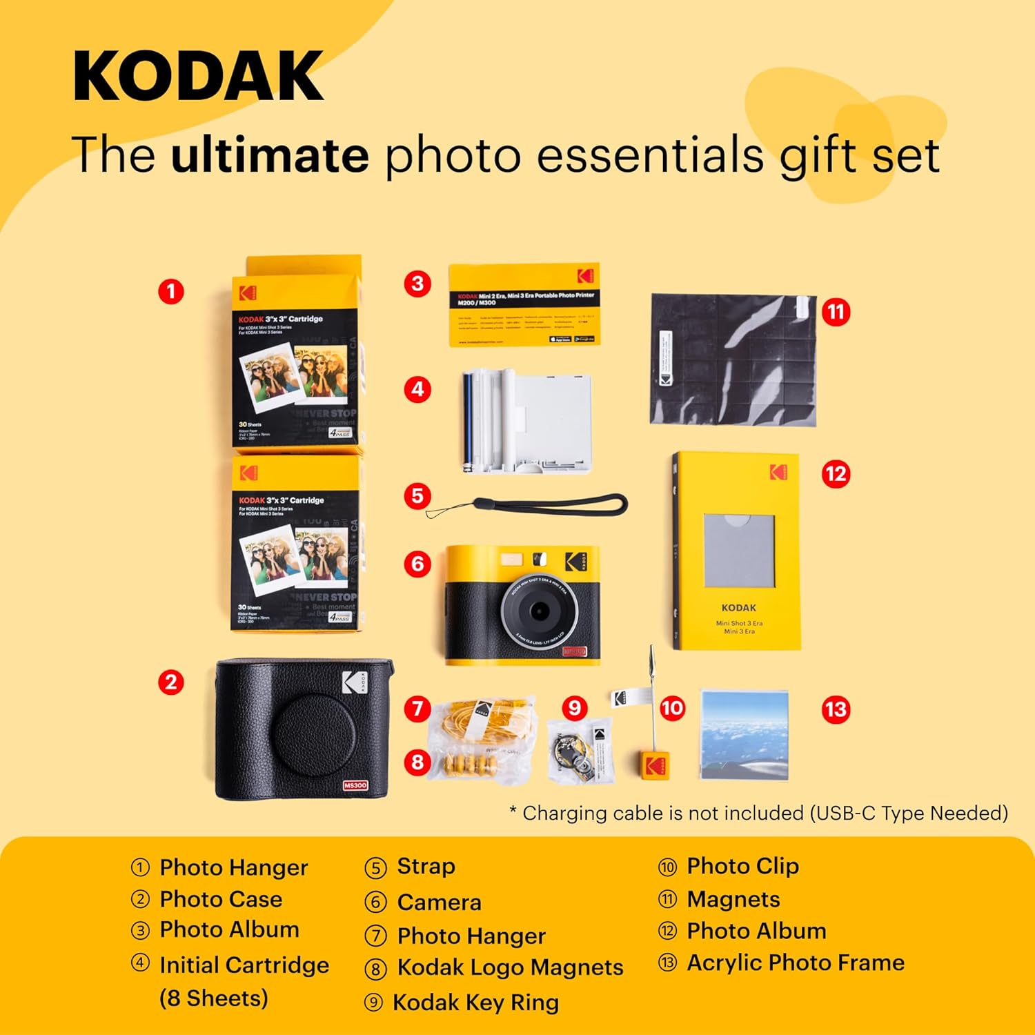 KODAK Mini Shot 3 ERA 4PASS 2-in-1 Instant Camera and Photo Printer (Yellow, Camera + Initial 8 Sheets + 60 Sheets + Accessories)